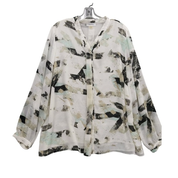 Calvin‎ Klein Blouse Top Abstract Print Long Sleeve Sheer 2X - Picture 1 of 13